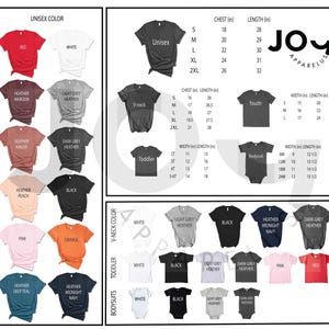 May include: A product catalog featuring various t-shirts and bodysuits in a range of colors, including red, white, black, and heather grey. The image includes size charts for unisex, V-neck, toddler, and bodysuit styles, with chest and length measurements in inches.