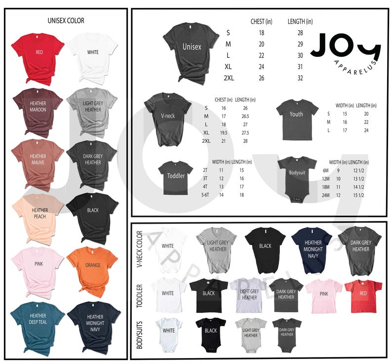May include: A product catalog featuring various t-shirts and bodysuits in a range of colors, including red, white, black, and heather grey. The image includes size charts for unisex, V-neck, toddler, and bodysuit styles, with chest and length measurements in inches.