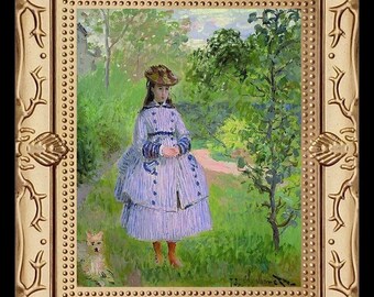 Peut inclure: Une peinture représentant une jeune fille vêtue d'une robe à rayures bleues et blanches debout dans un jardin avec un petit chien blanc. La fille porte un chapeau et tient ses mains jointes. L'arrière-plan est un jardin verdoyant luxuriant avec des arbres et des fleurs.