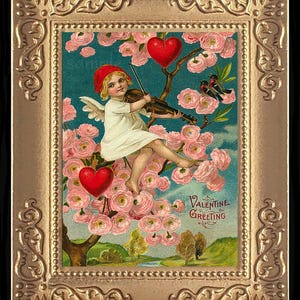 Vintage Valentine&#39;s Day Girl in Pink Roses Miniature Dollhouse Art Picture 8635