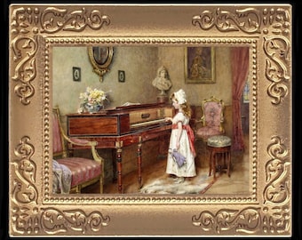 Victorian Piano Girl Miniature Dollhouse Art Picture 8055