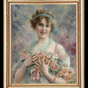 Victorain Lady With Pink Roses Miniature Dollhouse Art Picture 8611