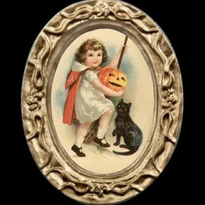 Halloween Girl And Cat Miniature Dollhouse Art Picture 6695
