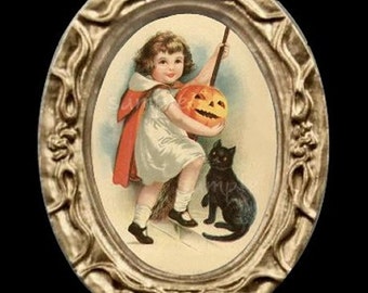 Halloween Girl And Cat Miniature Dollhouse Art Picture 6695