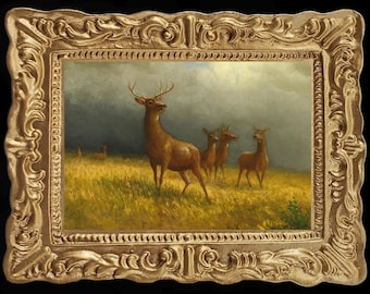 Peut inclure: Une peinture à l'huile encadrée représentant un groupe de cerfs dans un champ. Les cerfs sont bruns et ont des bois. L'arrière-plan est un ciel nuageux.