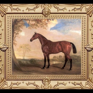 May include: A framed painting of a brown horse standing in a field. The horse is facing to the left and has a long, flowing mane. The background is a landscape with trees and a cloudy sky.