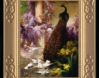 Peacock Flowers n Doves Miniature Dollhouse Art Picture 8106