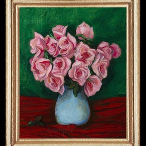 Still Life Floral Flowers Pink Roses Miniature Dollhouse Art Picture 8649
