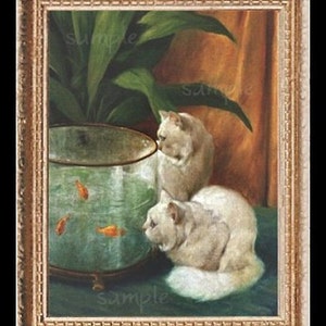Fish Bowl Cats Miniature Dollhouse Art Picture 1549