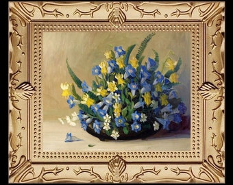 Still Life Flowers Floral Blue and Yellow Miniature Dollhouse Art Picture 8504