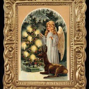 May include: A vintage Christmas card featuring an angel with wings, dressed in white, decorating a Christmas tree with a string of beads. A brown deer sits beside the tree, looking up at the angel. The scene is set in a forest with snow-covered branches and icicles.
