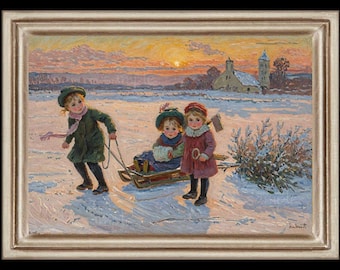 May include: An antique framed painting depicts three children sledding in a snowy landscape at sunset. One child pulls the sled, while two others sit on it. The artwork features a church and a vibrant sky.