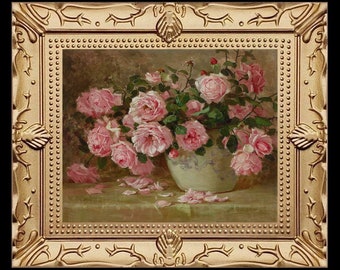 May include: A framed painting of a bouquet of pink roses in a white vase with green leaves. The roses are arranged in a vase with a blue and white pattern. The painting is set against a light green background.