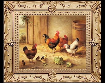 Farm Rooster Chicken Hen Chicks Miniature Dollhouse Art Picture 8154