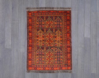 Handmade Wool Rug, Vibrant Geometric Tribal Design, Orange and Navy Blue [115 x 82 cm]