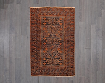 Vintage Afghan Baluch Small Rug | Hand-Knotted Wool | Herati “Fish” Lattice in Burnt Orange & Chocolate