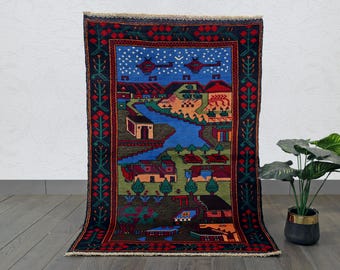 Handmade Afghan Wool Rug – Vintage Berber, Scenic Village (4.3 x 2.1 ft.)