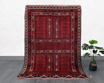 Vintage Red Bokhara Rug: Hand-Knotted Wool Afghan Carpet, Tekke Design