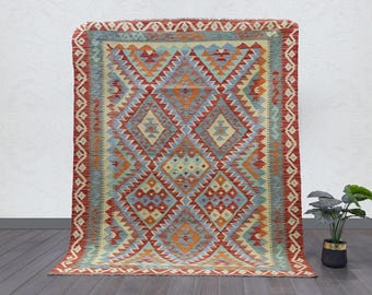 Hand-Woven Wool Kilim Rug: Tribal Geometric Medallion Flat-Weave (6'2" x 5'0")