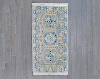 Hand-Knotted Wool Rug | Light Blue Tribal Medallion Accent Rug