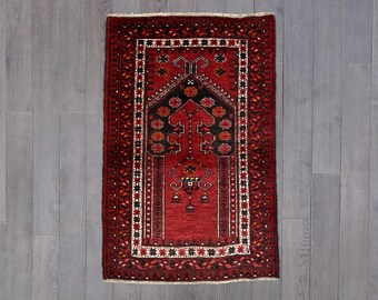 Vintage Baluch Prayer Rug | Hand-Knotted Wool Tribal Mihrab Design, Nomadic Red Wool Carpet