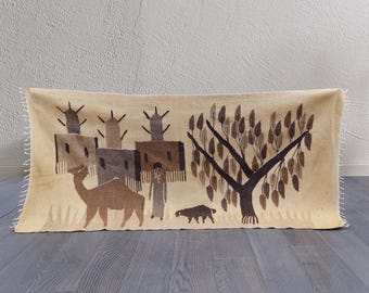 Moroccan Pictorial Kilim: Hand-Woven Wool Kasbah & Tree of Life Tapestry