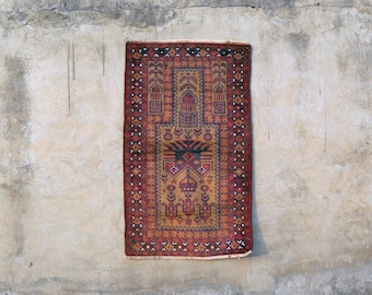 Vintage Hand-Knotted Wool Tribal Rug, Baluch Style, Geometric Boho