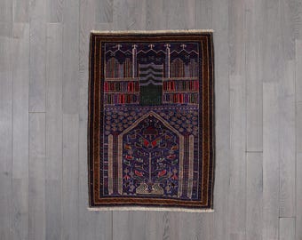 Vintage Baluch Rug: Tree-of-Life Mihrab, Indigo Afghan Carpet