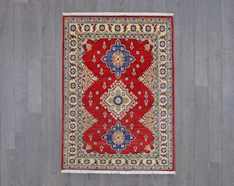 Handcrafted Tribal Kazak Rug – Rich Red and Blue Geometric Patterns, Authentic Wool Decor