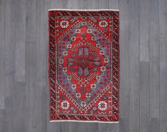 Handwoven Tribal Geometric Wool Rug | Traditional Red and Navy Blue Accent Rug