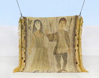 Mid-Century Handwoven Wool Tapestry – Dancing Couple, Textured Fringes