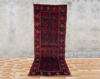 Vintage Hand-Knotted Wool Runner Rug – Tribal Geometric Design, 9.5 x 3.8 ft