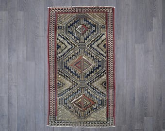 Vintage Caucasus Tribal Rug: Geometric Wool Runner, Boho Decor