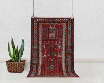 Vintage Shirvan Prayer Rug, Hand-Knotted Wool, Tribal Design