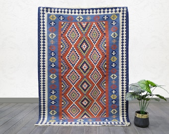Handwoven Anatolian Kilim Rug: Geometric Wool Flatweave, 4'10" x 3'6"