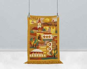 Vintage Slovak Wool Tapestry – Nitra Cityscape, Handwoven Folk Art