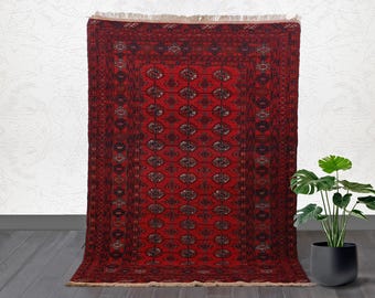 5.6 x3.11 ft Red Afghan Rug | Hand-Knotted Wool Tribal Carpet | Authentic Bokhara Design