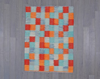 Handmade Afghan Kilim | Colorful Wool Flatweave | Geometric Checkered Rug | 4.6 x 3.3 ft