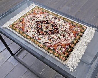 Fine Silk Floral Medallion Mini Rug | Hand-Knotted | Tabletop or Wall Art | Cream • Navy • Terracotta
