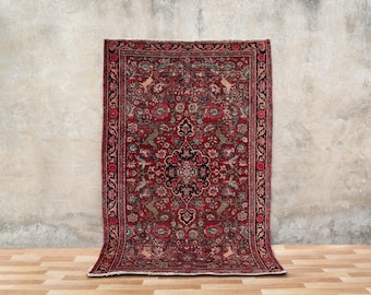 Vintage Hand-Knotted Wool Rug – 6.9 x 4.4 ft, Red Tribal Medallion