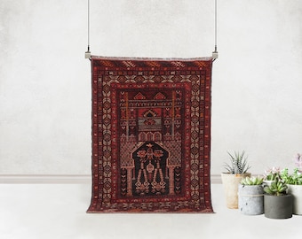 Vintage Hand-Knotted Wool Baluch Rug – Tribal Mihrab Design