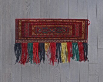 Vintage Handwoven Turkmen Wool Torba - Tribal Wall Hanging with Tassels