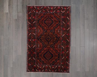 Afshar Vintage Tribal Rug 186 x 122 cm (6’1” x 4’0”) – Hand-Knotted Wool, Three Medallions, Deep Madder Red & Indigo