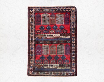 Vintage Pictorial Hand-Knotted Wool Carpet – 126 × 89 cm – Cityscape Convoy Motif, Red & Indigo Tribal Accent Rug