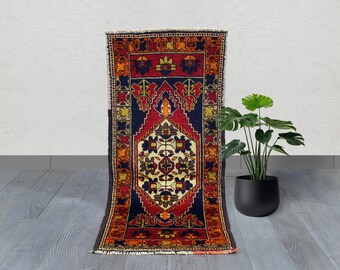 Handmade Wool Tribal Rug: Vintage Geometric Runner, Boho Decor (3.7 x 1.7 ft.)