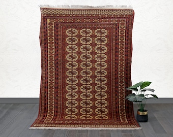 Handwoven Bokhara Wool Rug | Vintage Gul Design, Beige & Red (6.1 x 4.3 ft)