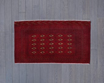 Vintage Handmade Bokhara Rug 2.5x4.6 ft | Red Wool Gul Carpet