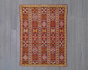 Vintage Turkish Kilim Rug – Handwoven Wool Flatweave, Red & Mustard