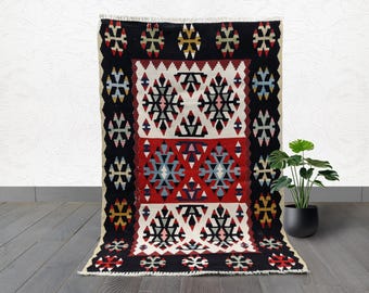 Handwoven Anatolian Kilim Rug: Geometric Tribal Design, Red & Black Wool