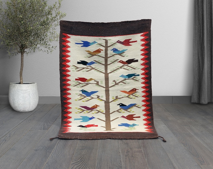 Featured listing image: Vintage Berber Kilim Rug – Handwoven Wool Tree of Life Tapestry